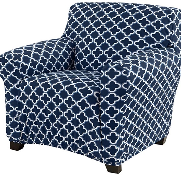 Great Bay Home Printed Twill Arm Chair Slipcover. One Piece Navy-New - Picture 3 of 7